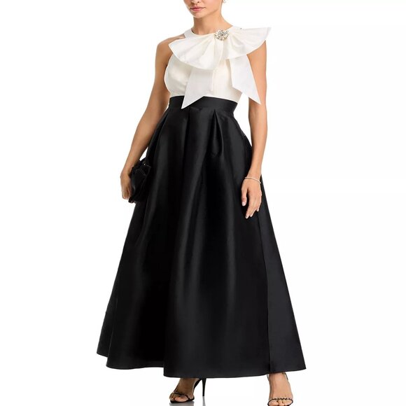 258$ Eliza J Bow-Trim Halter Pleated Taffeta Gown Maxi Dress Size 14 Black Ivory - Picture 1 of 3